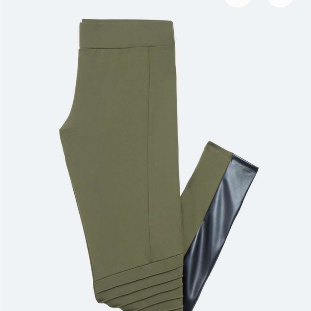Olive Green Leggings with black faux leather accents